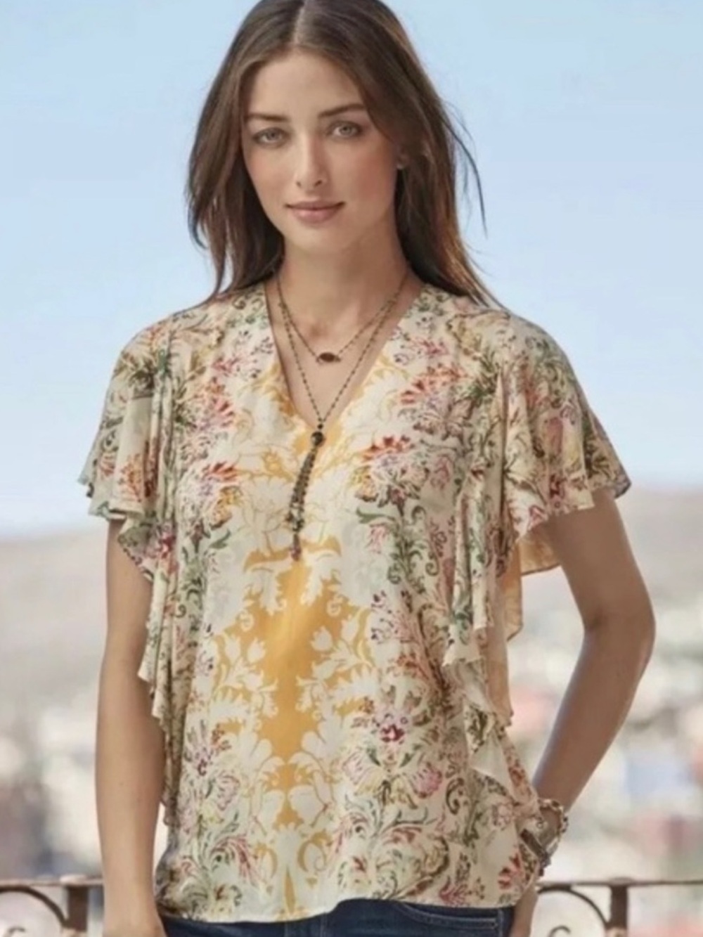 Sundance Arabella Ruffle Sleeve Floral Top Size XS